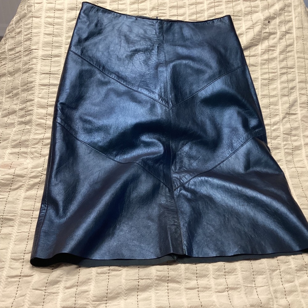 St Vincent Navy Blue Genuine Lambskin Leather Skirt Chevron Panel USA Made Sz 6